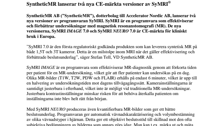 SyntheticMR lanserar två nya CE-märkta versioner av SyMRI®