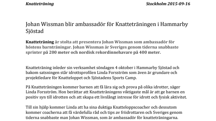 Johan Wissman blir ambassadör för Knatteträningen i Hammarby Sjöstad