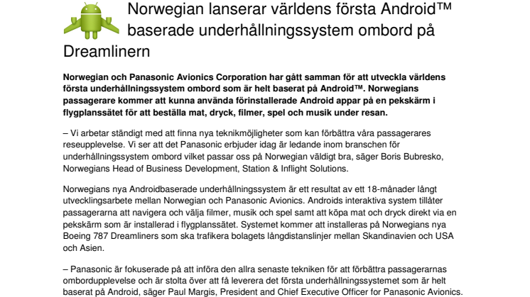 Norwegian lanserar världens första Android™ baserade underhållningssystem ombord på Dreamlinern