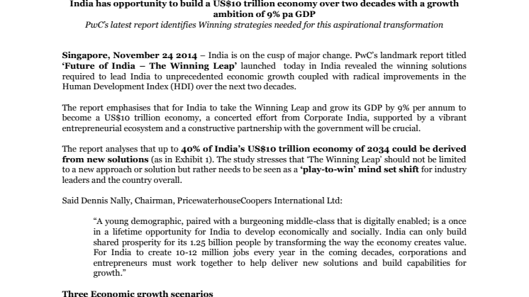 India has opportunity to build a US$10 trillion economy over two decades with a growth ambition of 9% pa GDP