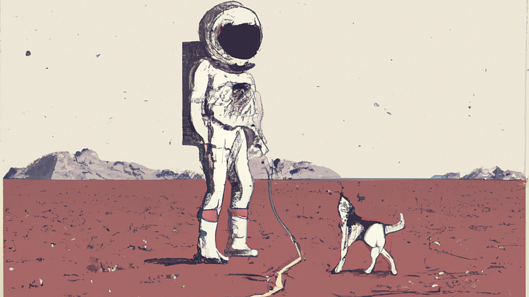 DALL·E 2022-11-03 09.57.58 - dog walking in the dessert with an astronaut, in retro style