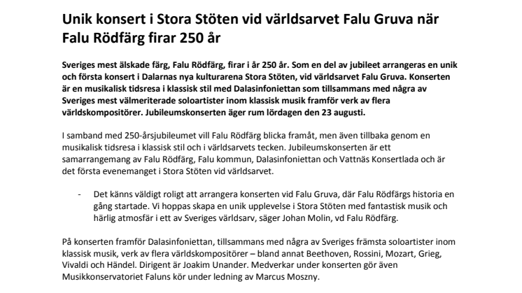 Unik konsert i Stora Stöten vid världsarvet Falu Gruva när Falu Rödfärg firar 250 år