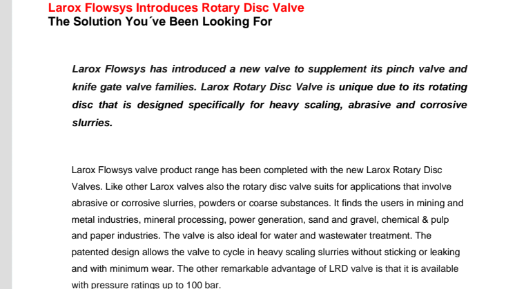 Larox Flowsys Introduces Rotary Disc Valve