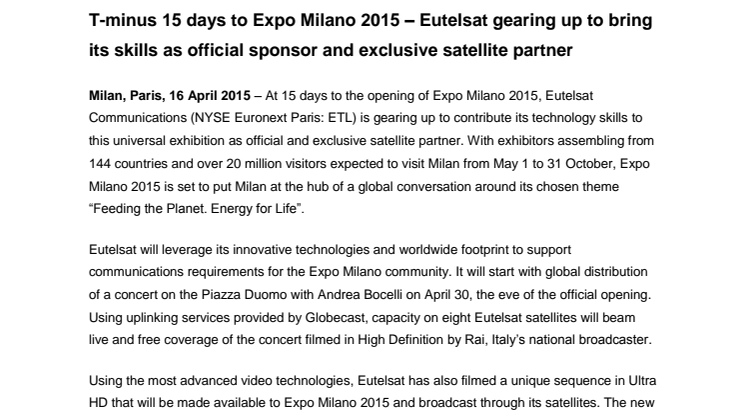 T-minus 15 days to Expo Milano 2015 – Eutelsat gearing up to bring its skills as official sponsor and exclusive satellite partner