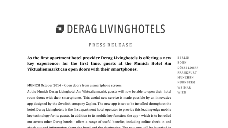 Derag Livinghotels is offering a new key experience together with Zaplox