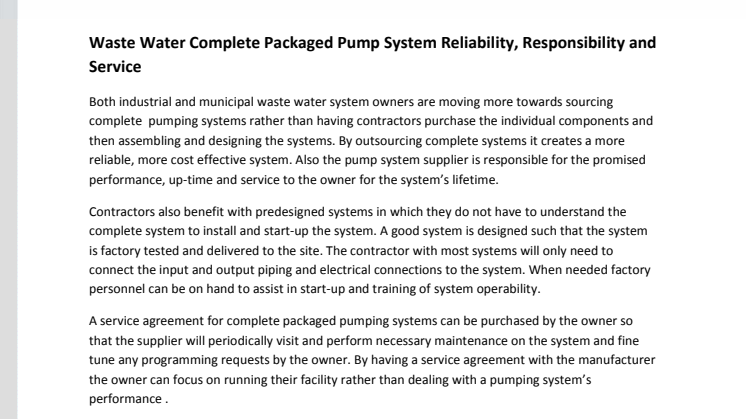 Waste Water Complete Packaged Pump System -  Reliability, Responsibility and Service