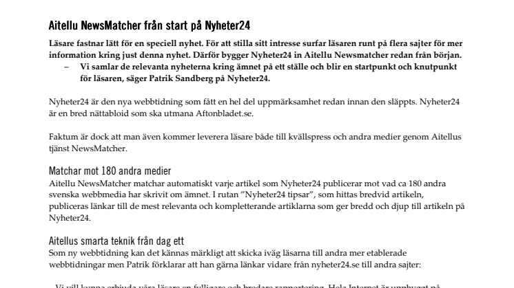 Aitellu NewsMatcher från start på Nyheter24