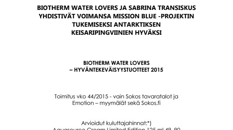 BIOTHERM WATER LOVERS -HYVÄNTEKEVÄISYYSTUOTTEET 2015