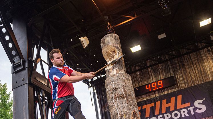 Vebjørn Sønsteby ble kåret til Norgesmester i lørdagens Nordiske Mesterskap, og kom totalt på en femteplass, bak de svenske atletene. Foto: STIHL TIMBERSPORTS®. 