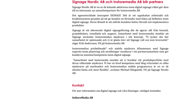 Signage Nordic AB och Instoremedia AB blir partners