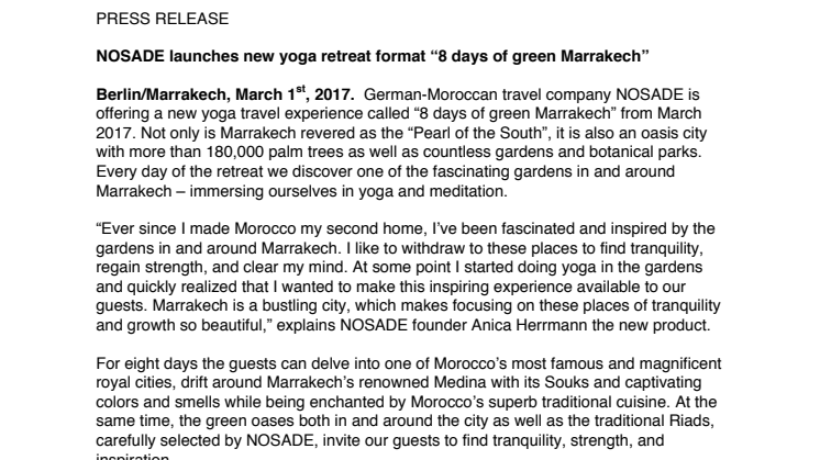 NOSADE launches new yoga retreat format “8 Days of Green Marrakech”