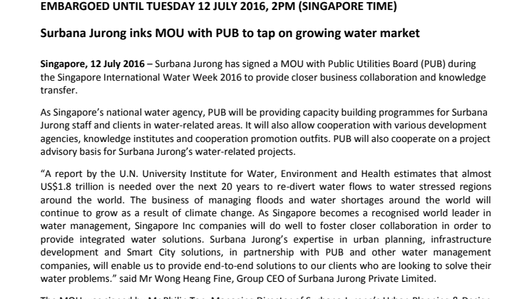 Surbana Jurong inks MOU with PUB to tap on growing water market 