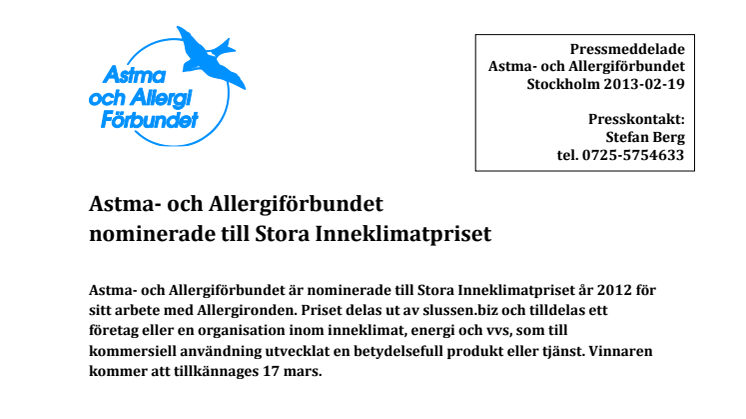 Astma- och Allergiförbundet nominerade till Stora Inneklimatpriset