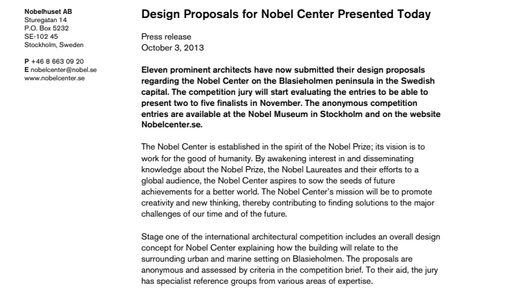 Design Proposals for Nobel Center Presented Today 