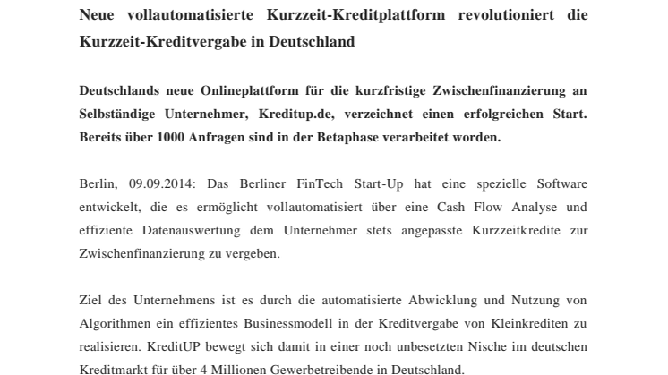  Neue vollautomatisierte Kurzzeit-Kreditplattform revolutioniert die Kurzzeit-Kreditvergabe in Deutschland
