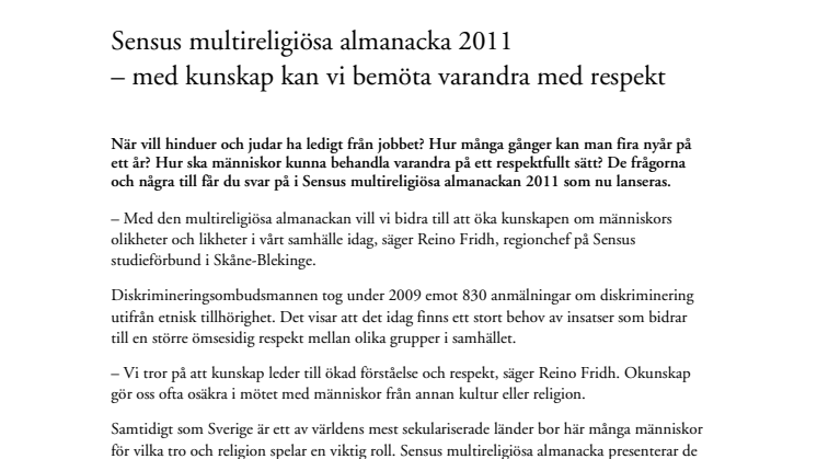 Releasefest för Sensus multireligiösa almanacka 2011– med kunskap kan vi bemöta varandra med respekt