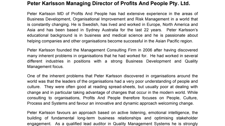  Peter Karlsson Managing Director of Profits And People Pty. Ltd.