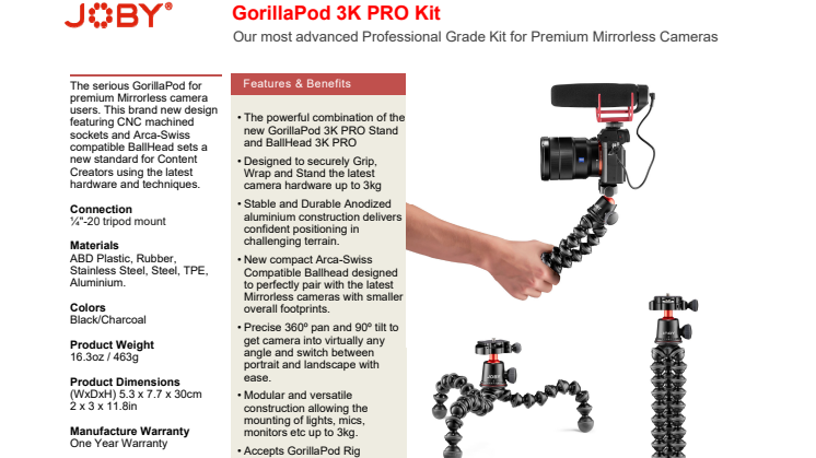 Joby GorillaPod 3K Pro Kit datasheet