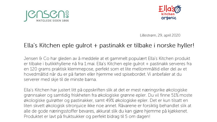 Ella's Kitchen eple gulrot + pastinakk er tilbake i norske hyller!