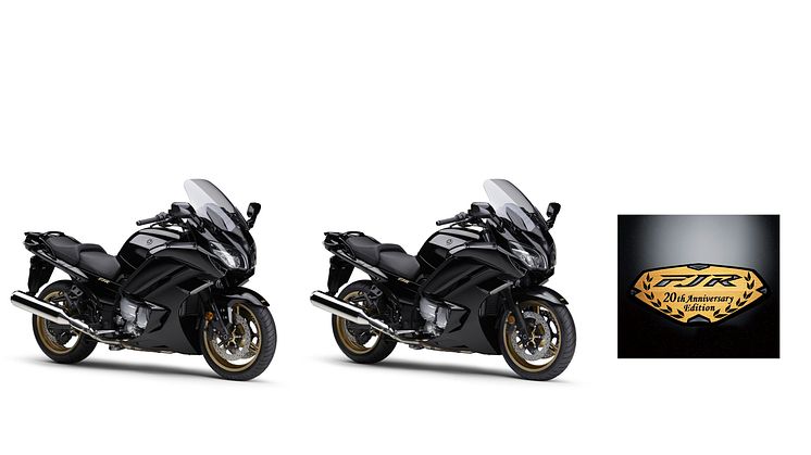 左より「FJR1300AS 20th Anniversary Edition」（ブラック）、「FJR1300A 20th Anniversary Edition」（ブラック）、記念エンブレム（タンク天面）