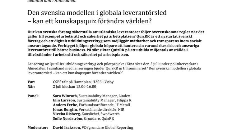 Pressinbjudan Almedalen: Den svenska modellen i globala leverantörsled  – kan ett kunskapsquiz förändra världen? 
