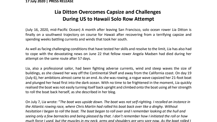 Lia Ditton Overcomes Capsize and Challenges During US to Hawaii Solo Row Attempt