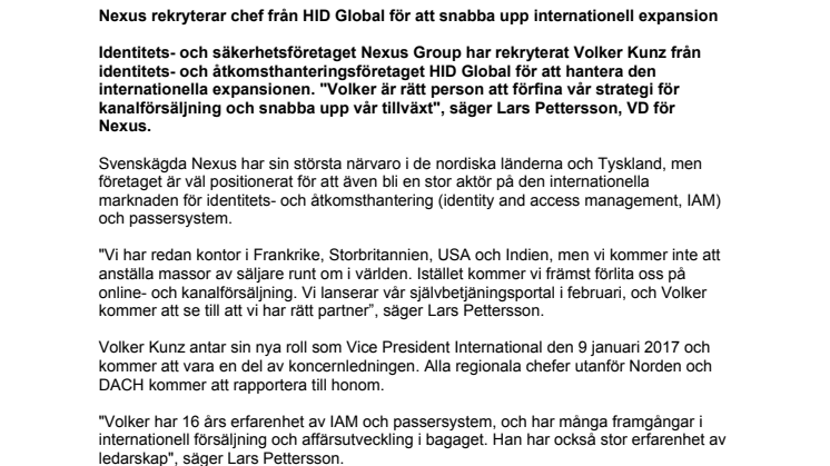 Nexus rekryterar chef från HID Global för att snabba upp internationell expansion