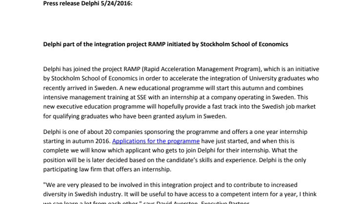 Delphi part of the integration project RAMP initiated by Stockholm School of Economics