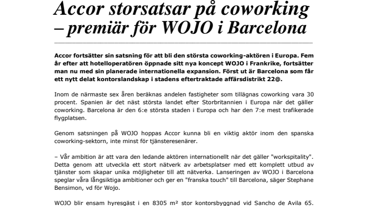 Accor storsatsar på coworking – premiär för WOJO i Barcelona