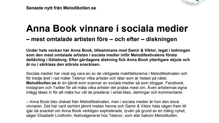 Anna Book vinnare i sociala medier -  mest omtalade artisten före och efter diskningen 