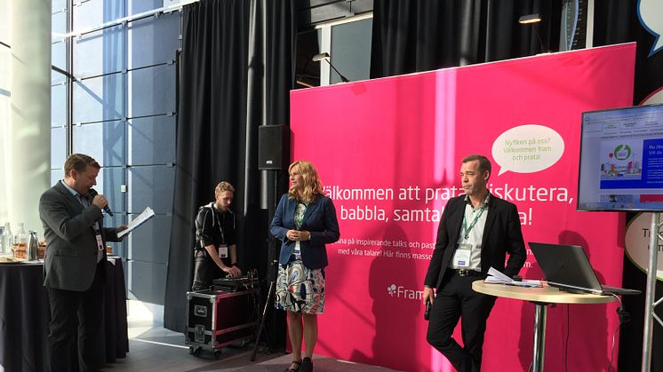 Mariette Hilmersson, vd och koncernchef Förvaltnings AB Framtiden och Martin Blixt, vd på Framtiden Byggutveckling på Business Arena Stockholm