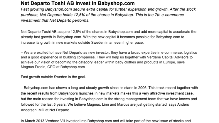 Net Departo Toshi AB Invest in Babyshop.com