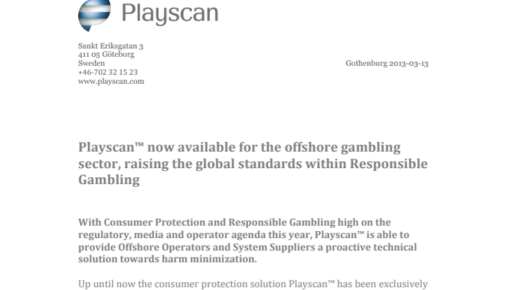 Playscan™ now available for the offshore gambling sector, raising the global standards within Responsible Gambling