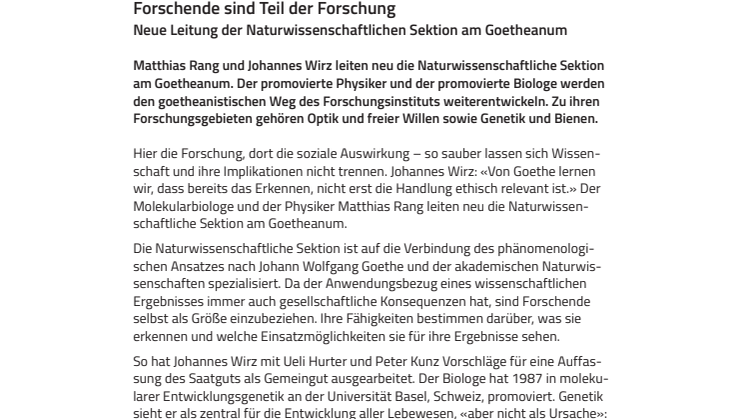 Forschende sind Teil der Forschung. Neue Leitung der Naturwissenschaftlichen Sektion am Goetheanum