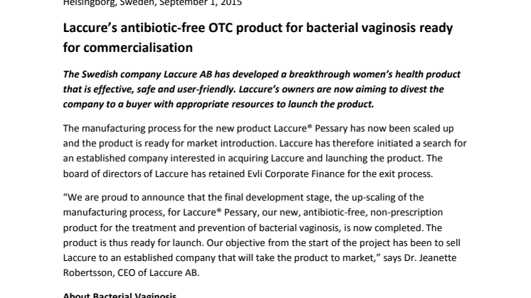 Laccure’s antibiotic-free OTC product for bacterial vaginosis ready for commercialisation