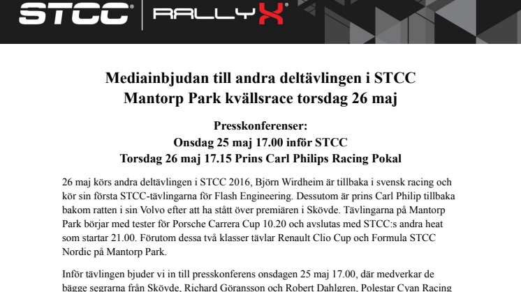 Mediainbjudan till andra deltävlingen i STCC Mantorp Park kvällsrace torsdag 26 maj