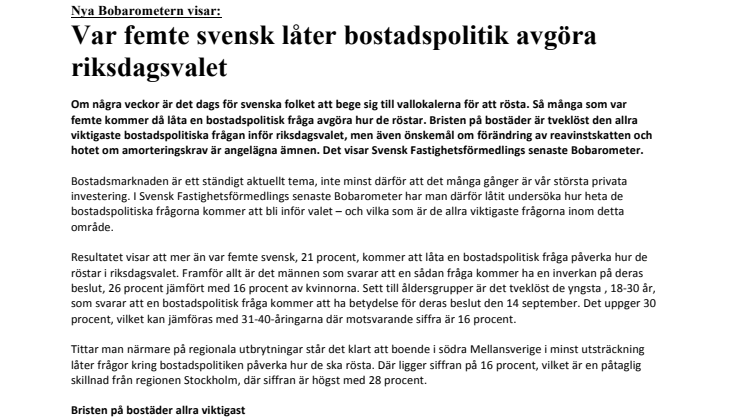 Nya Bobarometern visar: Var femte svensk låter bostadspolitik avgöra riksdagsvalet