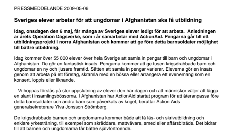 Idag ser Sveriges elever till att ungdomar i Afghanistan får utbildning