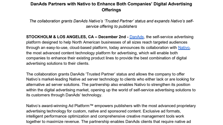 DanAds Partners with Nativo to Enhance Both Companies’ Digital Advertising Offerings