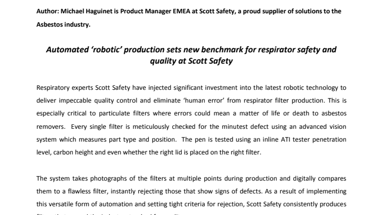 Automated ‘robotic’ production sets new benchmark for respirator safety and quality at Scott Safety