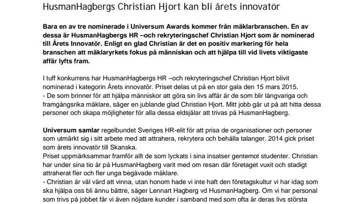 HusmanHagbergs Christian Hjort kan bli årets innovatör