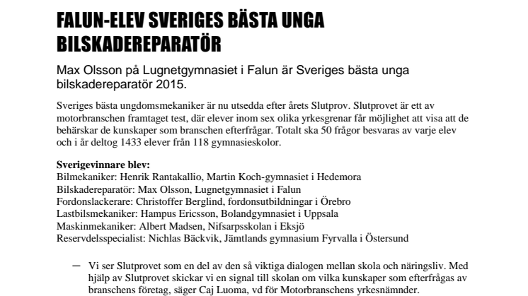 Falun-elev Sveriges bästa unga bilskadereparatör