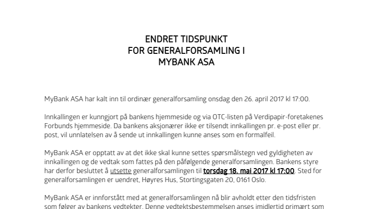 Informasjon om ny dato for årlig generalforsamling i MyBank ASA