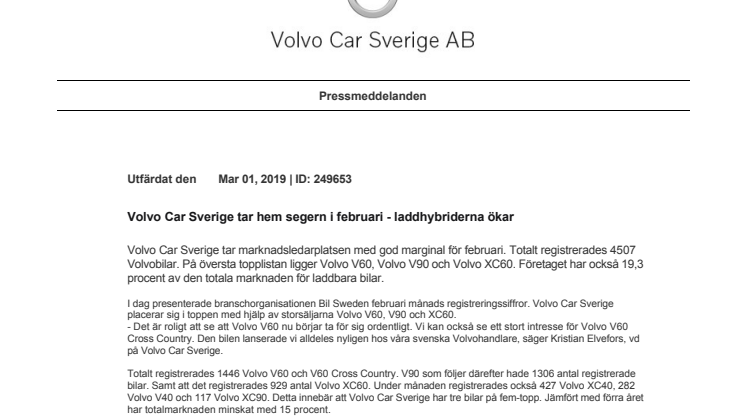 Volvo Car Sverige tar hem segern i februari - laddhybriderna ökar
