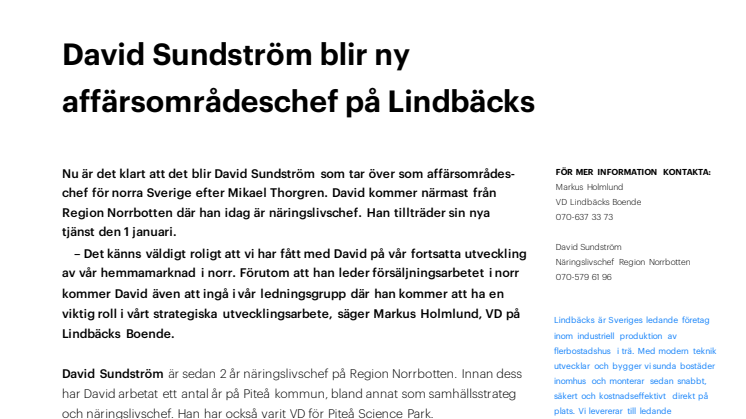 David Sundström blir ny affärsområdeschef på Lindbäcks
