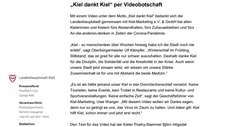 PM von LH Kiel und Kiel-Marketing: "Kiel dankt Kiel" für den Zusammenhalt - eine Videobotschaft über die Stadt in diesen Tagen - menschenleer