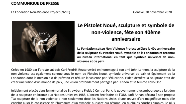 La Fondation suisse Non-Violence Project célèbre le 40e anniversaire de la sculpture du Pistolet Noué