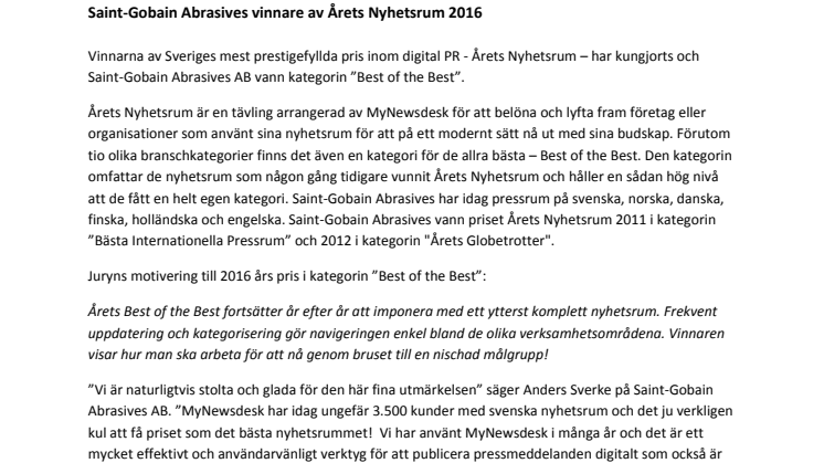 Saint-Gobain Abrasives vinnare av Årets Nyhetsrum 2015