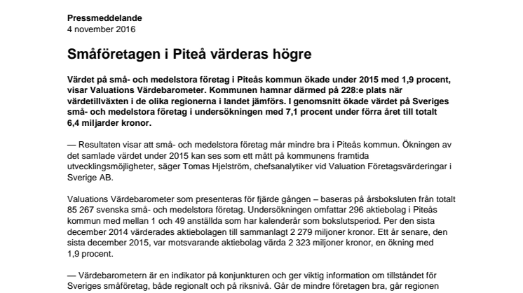 Värdebarometern 2015 Piteås kommun