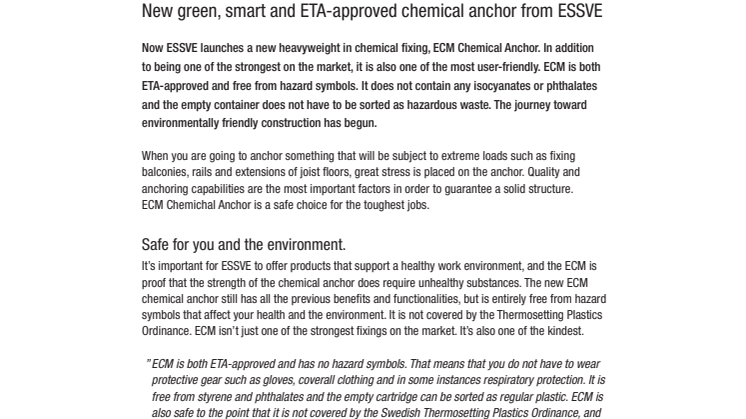 New green, smart and ETA-approved chemical anchor from ESSVE